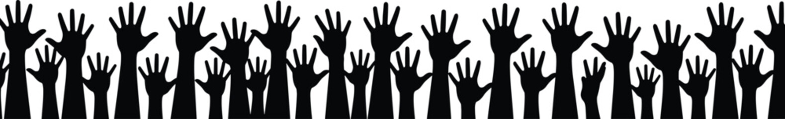 Obraz premium Black silhouette of many raised human hands in a horizontal row for community support, voting, protest, group celebration, volunteer work, and collective teamwork vector.