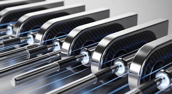 Futuristic metallic components with glowing blue lines and carbon fiber texture