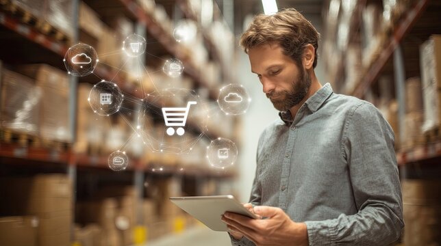 Man using tablet in warehouse with e-commerce icons and stacked cardboard boxes