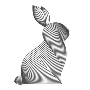 Bunny silhouette line art, wireframe. Elegant striped bunny. Abstract rabbit created from flowing parallel lines. Modern graphic design element. Easter. Environment and nature. Vector Illustration.
