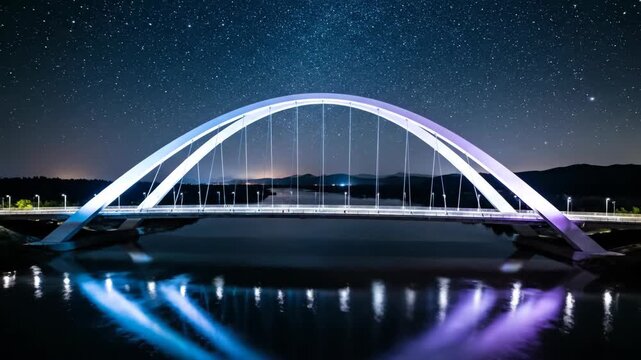Illuminated bridge reflected in river water under the starry night sky landscape.