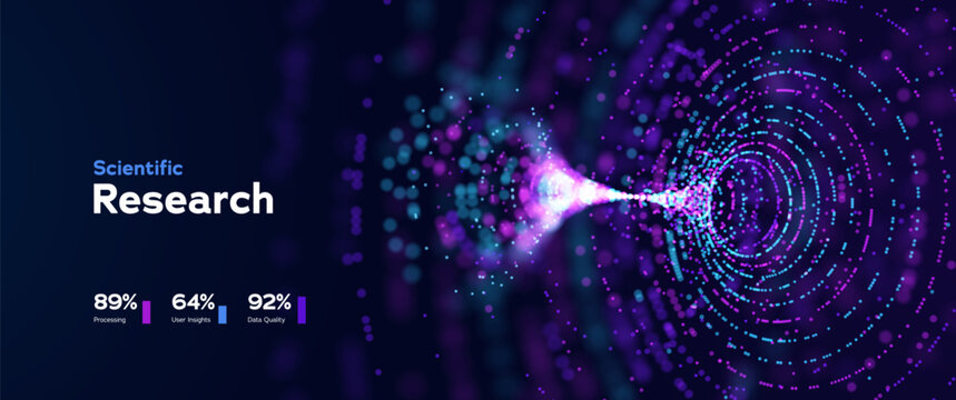 Scientific Research Background With Futuristic Data Tunnel And Glowing Particle Flow In Blue And Purple Neon Colors. Advanced Science Concepts. Vector Illustration.
