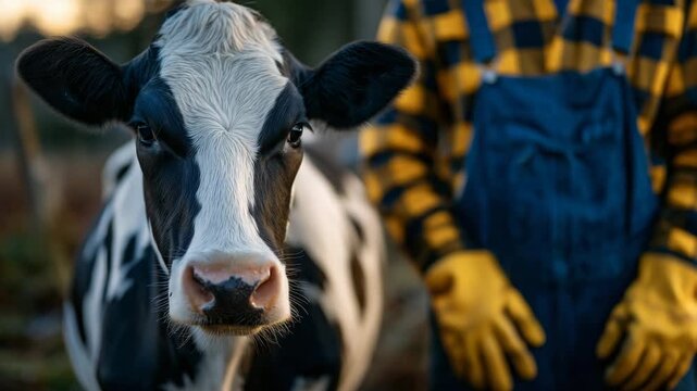 27Faceless farm cattle in open pasture, farmer caring for animals and checking feed in grass field, cold winter light, peaceful countryside background, responsible livestock manageme