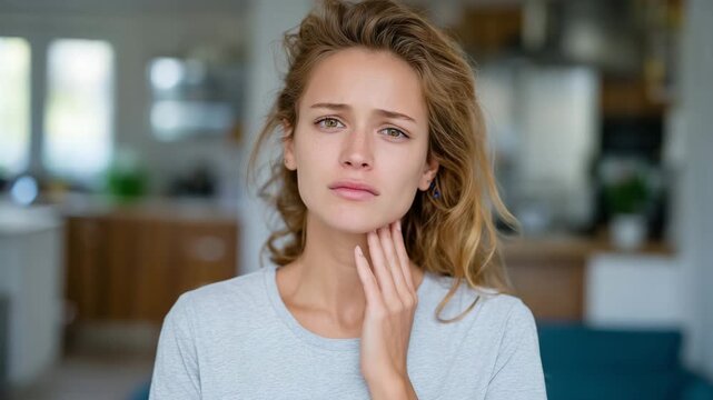 30Faceless young woman experiencing urgent tooth pain in home setting, standing still with hand on jaw, quiet interior space, soft natural light, clear visual narrative of dental eme
