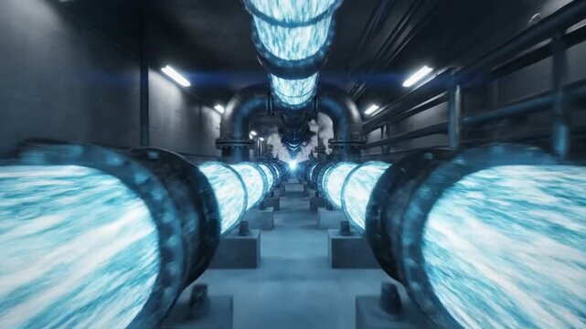 Blue glowing energy flows rapidly through industrial pipes in tunnel