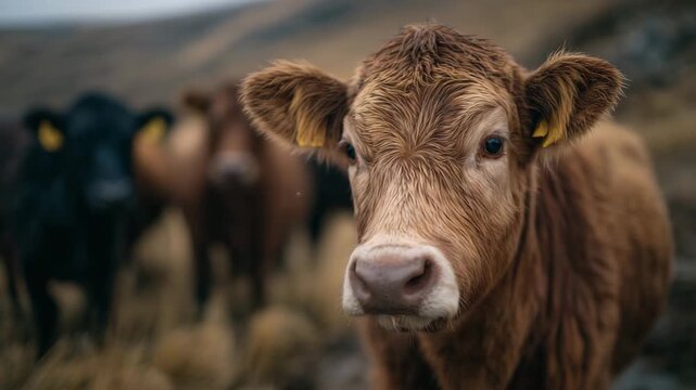 32Faceless cows clustered in rural pasture, farmer providing feed in winter conditions, muted countryside colors, responsible livestock raising and animal welfare concept
