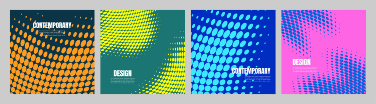 Vector illustration. Halftone colored dotted background set. Design for social media, advertisement, web banner, blod post, marketing, sale. Vibrant, faded dots. Retro geometric banners collection.