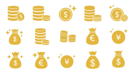 Collection of Golden Coins and Money Bags with Various Currency Symbols. © Baru