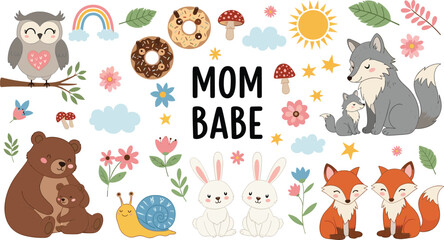 Cute Woodland Mom and Baby Animals Collection with Bear Fox Wolf Owl Bunnies Flowers and Rainbow Vector Illustration © MdAbuSayed