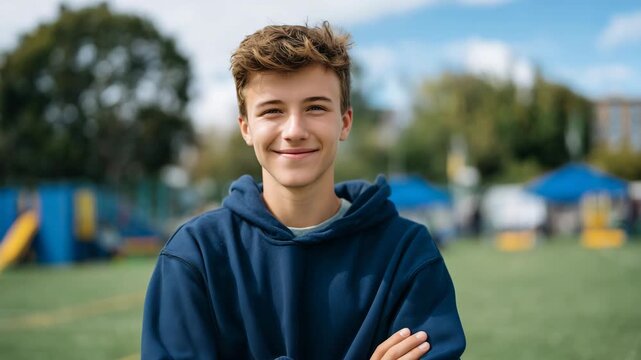 43Faceless teenage boy smiling in a recreational athletics space, outdoor sports field with trees and equipment blurred, clear daylight, relaxed and joyful mood, youth lifestyle imag