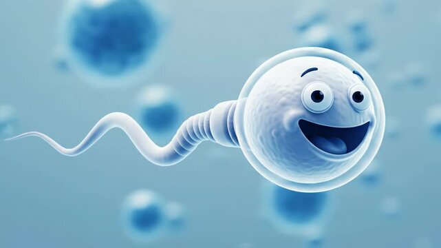 Happy Cartoon Sperm Cell Floating in Blue Fluid, Fertility Concept