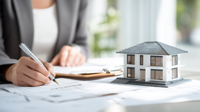 Agent finalizing property contract with miniature house model on desk