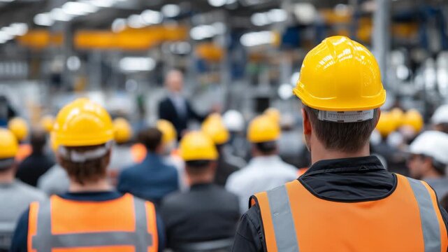 47Construction site team meeting with faceless workers, workplace assembly focused on safety and task distribution, helmets and protective clothing visible, industrial background wit