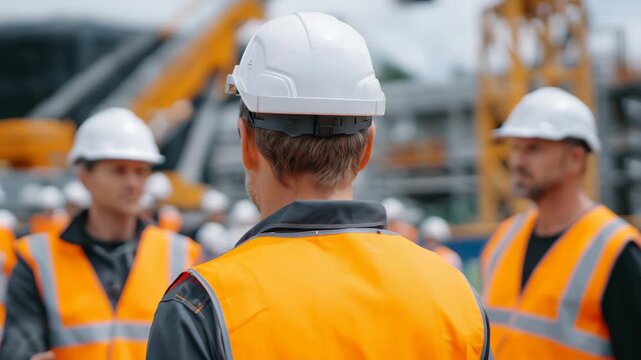 50Group of faceless construction workers in reflective vests, industrial briefing session on active job site, teamwork and coordination emphasized, cranes and unfinished building ele