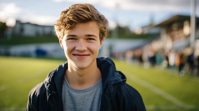 54Faceless adolescent boy smiling at an outdoor sporting field, casual sportswear, warm sunlight illuminating shoulders, green field and distant bleachers softly blurred, positive yo