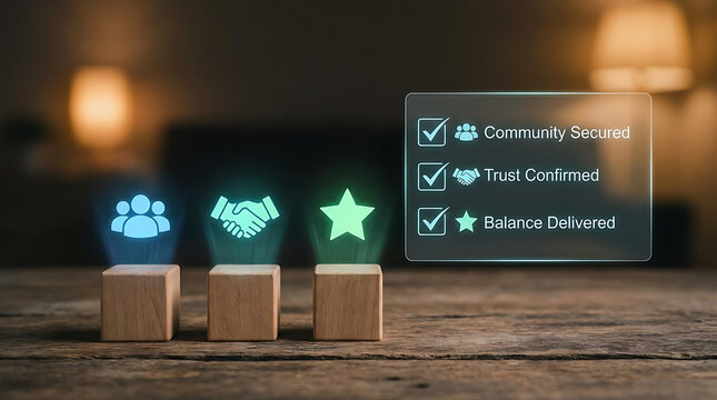 Wooden blocks with glowing icons representing community secured trust confirmed and balance delivered on a dark background with warm lighting