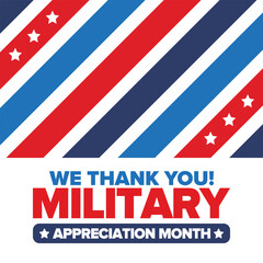 National Military Appreciation Month in May. Annual Armed Forces Celebration Month in United States. Patriotic american elements. Poster, card, banner and background. Vector illustration