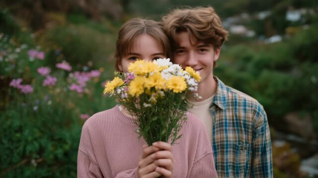 66Faceless man standing behind his girlfriend, hiding a flower bouquet, romantic surprise moment in soft natural light, woman unaware and smiling slightly, tender relationship affect