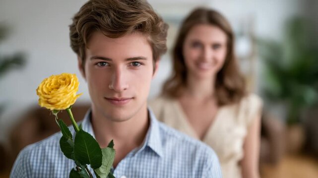67Faceless man standing behind his girlfriend, hiding a flower bouquet, romantic surprise moment in soft natural light, woman unaware and smiling slightly, tender relationship affect