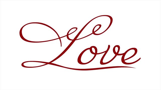 Elegant red love text animation on white background, romantic calligraphy lettering design, valentine concept motion graphic, minimal typography intro video
