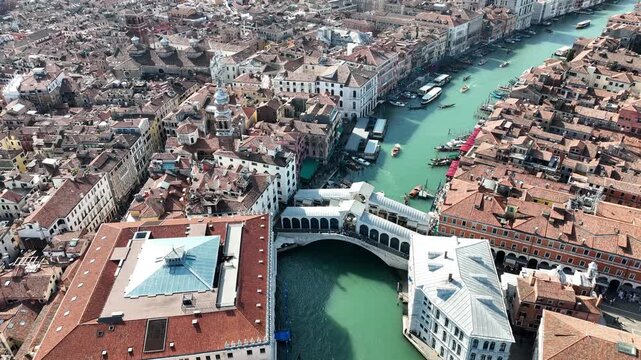 Aerial view of Punta della Dogana and Basilica di Santa Maria della Salute on the Grand Canal, Venice