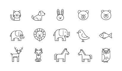 A set of minimalist animal icons in a simple line art style
