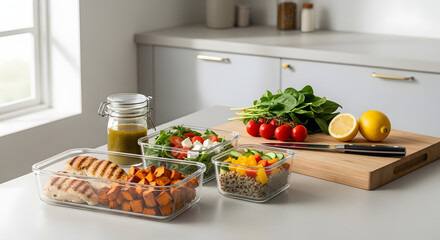 Healthy meal prep with fresh vegetables and grilled chicken in kitchen