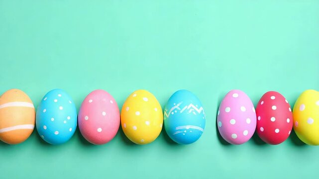 Row of colorful painted Easter eggs with polka dots and stripes on a mint green background with copy space