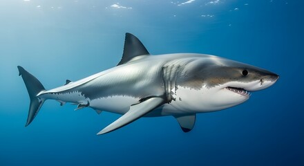Obraz premium Great white shark swimming gracefully in clear blue ocean water