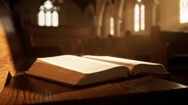 An open book lies on a wooden pew in a serene church setting with sunlight streaming through stained glass windows