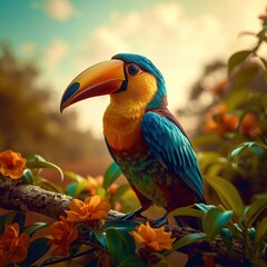 Fototapeta premium A colorful bird with a blue head