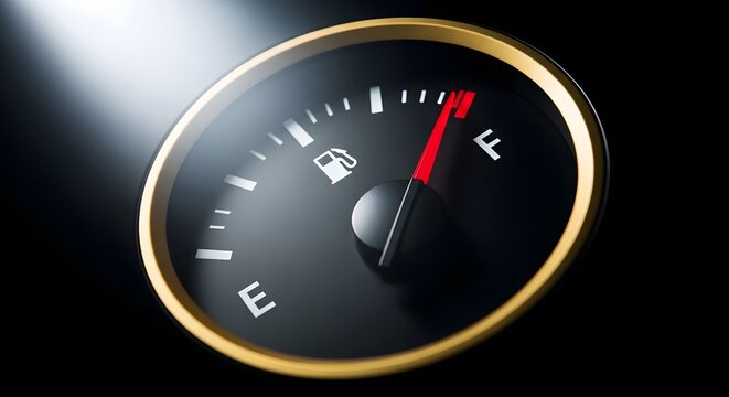Close-up of a fuel gauge indicating full tank with bright lighting