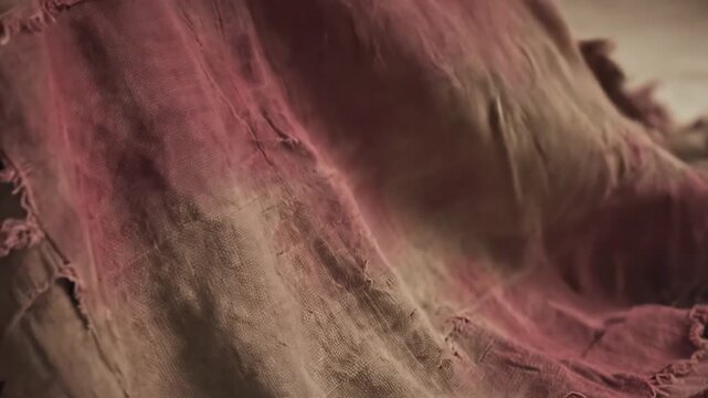 Closeup abstract texture of natural rough fabric with pink and beige tones showing intricate weave and organic patterns in soft natural light.