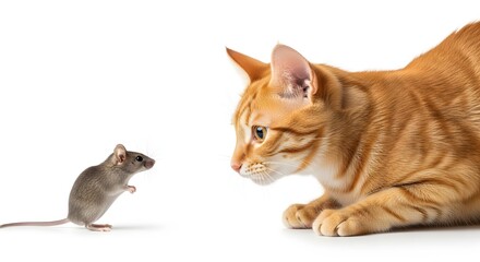 Curious Ginger Cat Staring at Small Gray Mouse on White Background