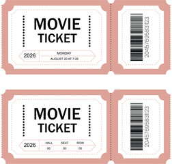 Vintage Movie Ticket Template with Barcode and Seat Information &ndash; Retro Cinema Admission Pass Vector