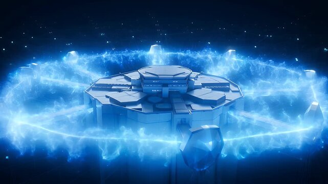 Futuristic data nexus with glowing blue energy conduits connecting nodes