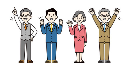 元気にポーズをとる、スーツを着たシニア世代の男性と女性の全身ベクターイラスト素材セット