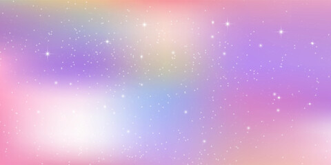 Rainbow unicorn background with glitter star, sky cloud and bokeh light. Holographic space wallpaper. Fairy tale iridescent gradient backdrop for mermaid or kawaii. Cute candy or birthday party banner © Farrohah