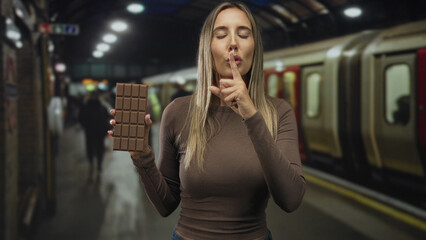 Young hispanic blonde woman holding large chocolate bar with finger to lips for silence in train...
