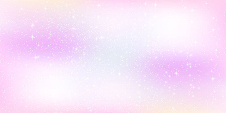 Rainbow unicorn background with glitter star, sky cloud and bokeh light. Holographic space wallpaper. Fairy tale iridescent gradient backdrop for mermaid or kawaii. Cute candy or birthday party banner