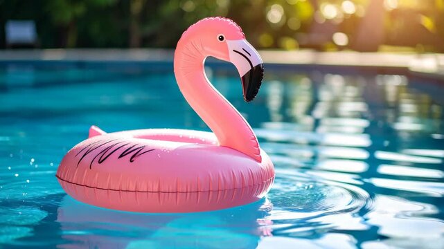 Inflatable pink flamingo float drifting on clear blue swimming pool water during a sunny tropical summer day