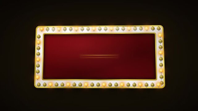 Ornate white and gold marquee with unique flashing bulbs on a dark background. Decorative, animated frame with a red velvet center, ideal for casino, show, or festive-themed video projects