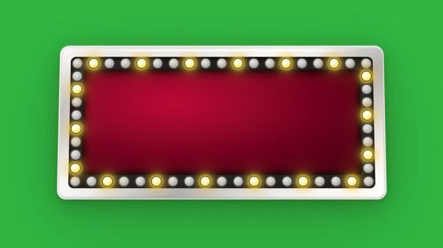 Retro cinema marquee sign with a silver frame and flashing light bulbs on a green screen background. Animated, blank, red velvet space for text or logo, ideal for promotions and announcements