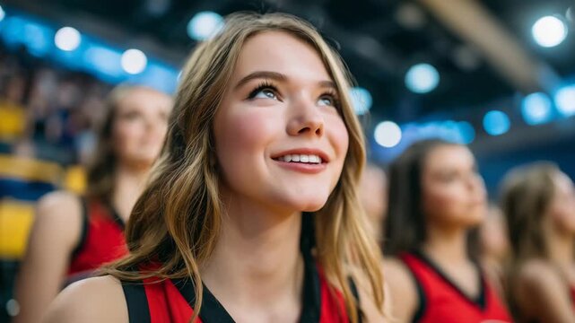 307Side view of smiling faceless cheerleaders in coordinated red and black outfits, sitting at gymnasium sidelines, cheering for basketball team, defocused players and scoreboard in b