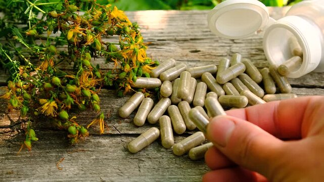 St. John's wort supplements. Selective focus.