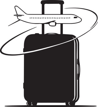 Travel suitcase with airplane silhouette motion circle tourism vacation air transport luggage services vector design