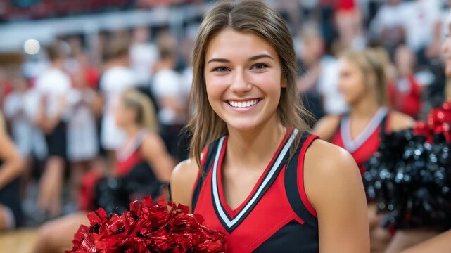 316Faceless cheerleaders seated on sidelines of basketball court, red and black uniforms, smiling and showing excitement, defocused background of players mid-game, athletic event and