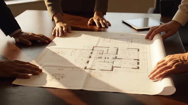 Architectural Blueprint Discussion: A collaborative discussion surrounds a detailed architectural blueprint, emphasizing teamwork and design collaboration.