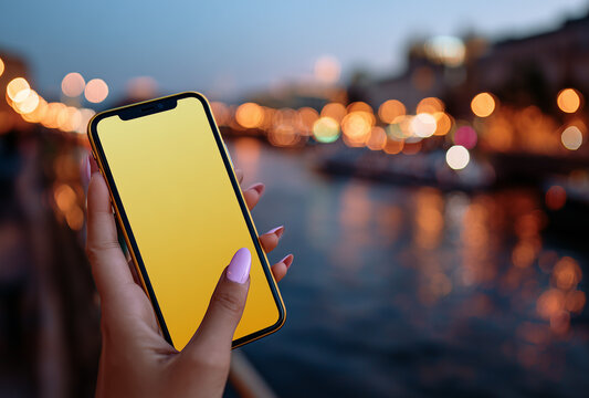 a close-up of an iphone in the hand, showing its screen with blurred city lights and nature background