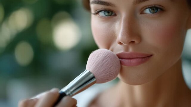 338Faceless female applying pink blush to cheeks, cosmetic application in progress, personal grooming and daily beauty routine, soft natural light, defocused background with copy spac